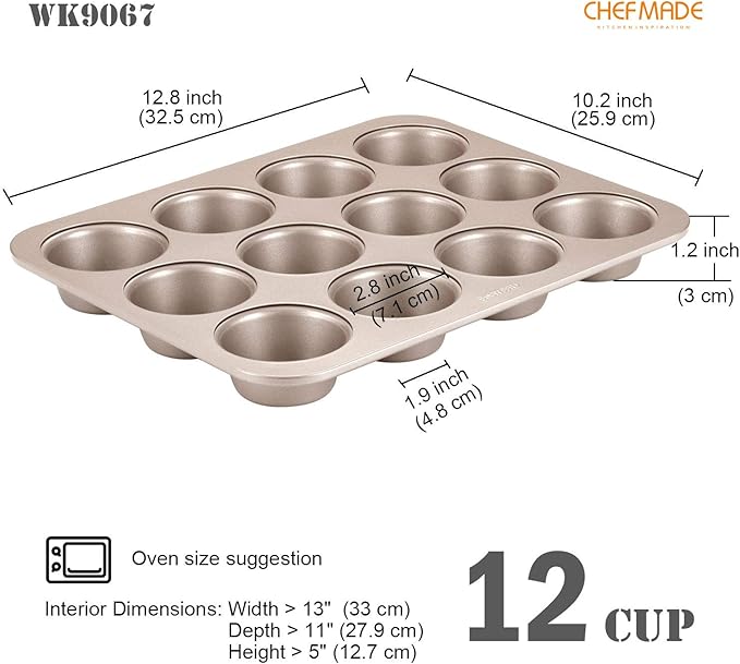CHEFMADE Muffin Cake Pan, 12-Cavity Non-Stick Cupcake Pan Bakeware for Oven Baking (Champagne Gold)
