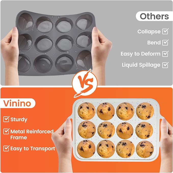 Vinino 2Pack Silicone Muffin Pan for Baking with Metal Reinforced Frame, 12 Cup Regular Size Cupcake Pan, BPA Free Silicone Muffin Tray, Cupcake Baking Pan Bite Molds for Oven Dishwasher Safe
