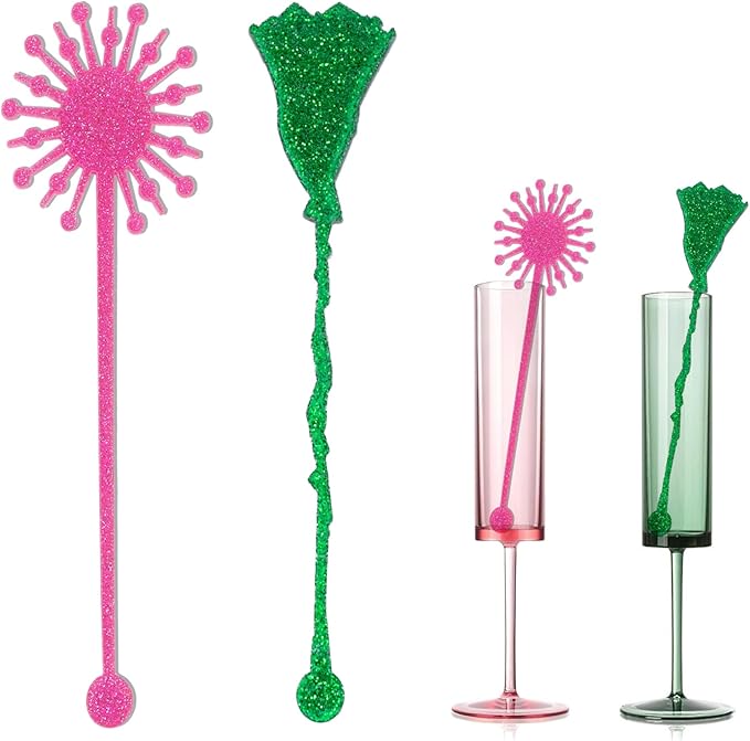 20 Pack Pink and Green Party Decrations, Princess and Witch Party Accessories, Green Witch Broomstick and Glitter Pink Princess Wand Cocktail Stir Sticks for Themed Parties (Drink Stirrers)