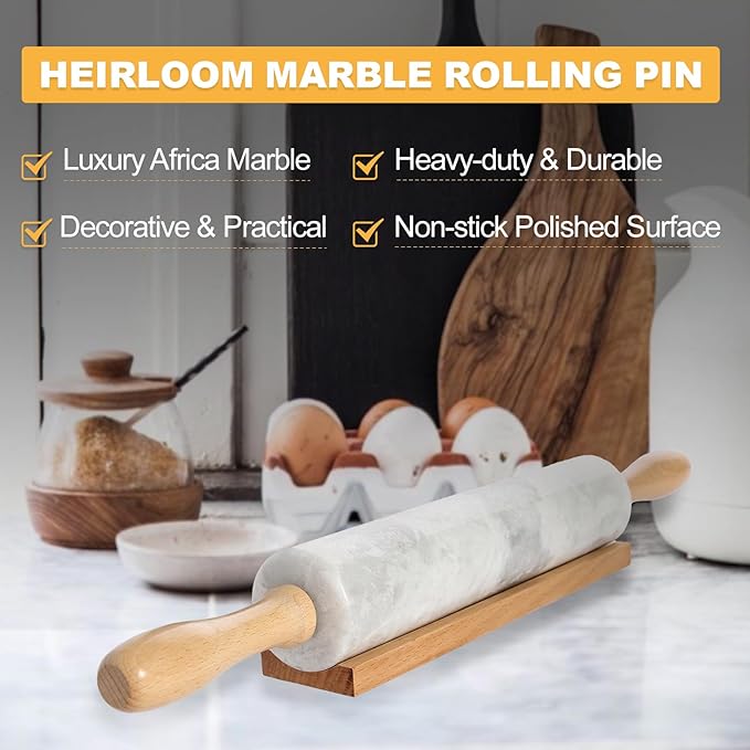 Koville African Natural Marble Rolling Pin, Non-Stick Polished Dough Roller, Pasta, Dumpling, Fondant, Pie Crust, Bread, Pizza Dough, Kitchen Baking Pastry Tools with Mat/Scraper(Grigio Fantasy)
