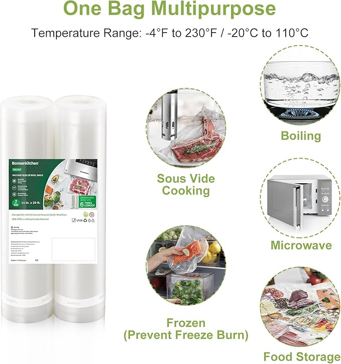 Bonsenkitchen Vacuum Sealer Bags, 11" x 20' Rolls 2 Pack for Food Storage Saver, Bpa Free, Heavy Duty, Commercial Grade Textured Food Roll, Customized Size Bag for Sous Vide Cooking, VB3207