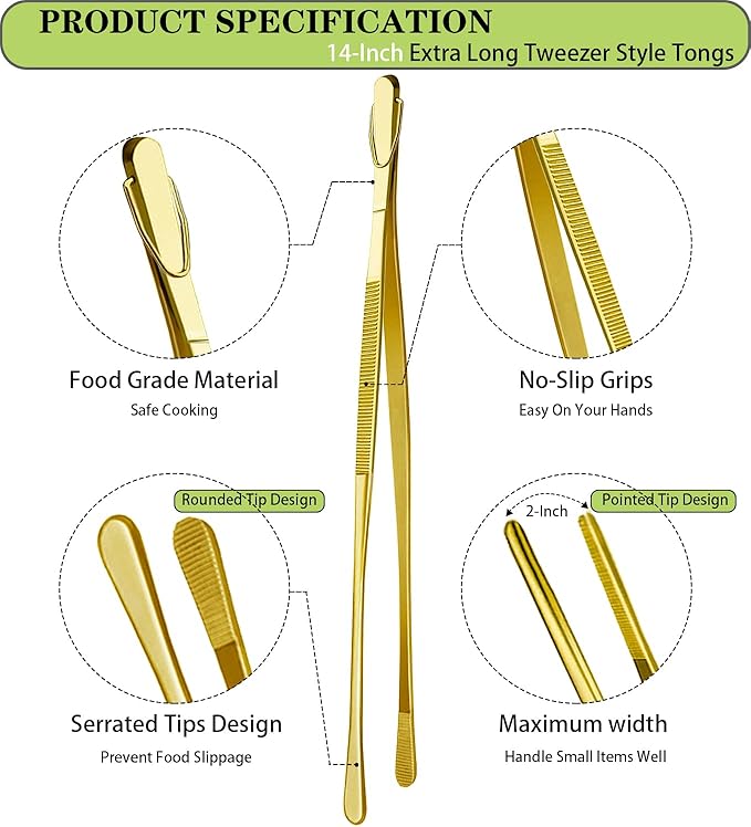 JETKONG 2 Pcs 14-Inch Cooking Tweezers Extra Long Stainless Steel Food Tweezers Kitchen Tweezer Tongs (Gold)