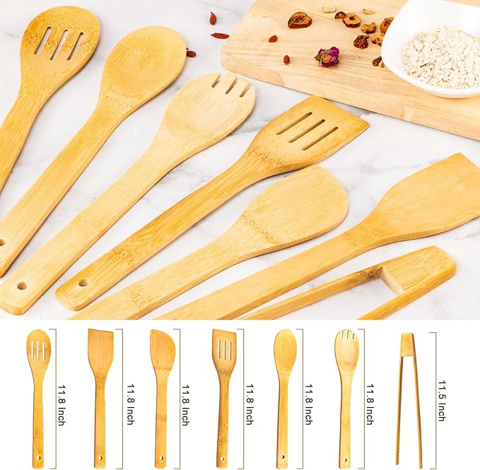 Eisinly Wooden Spoons for Cooking 7-Piece, Kitchen Nonstick Bamboo Cooking Utensils Set, Healthy Bamboo Wooden Spatula Spoon for Cooking