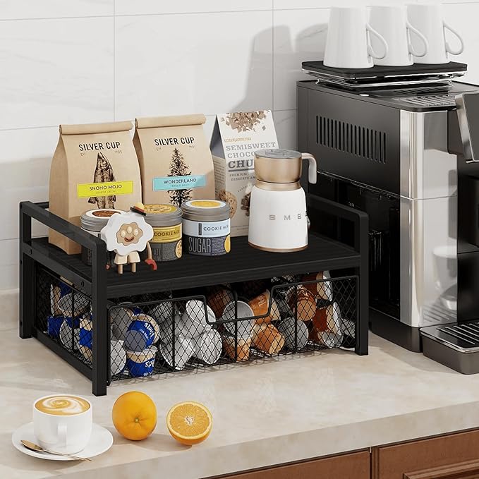Homode Wood Tea Bag Organizer, Teabag Holder with Drawer, Tea Organizers and Storage Box, 8 Compartments Tea Caddy Station Chests Display Container for Counter Kitchen, Black