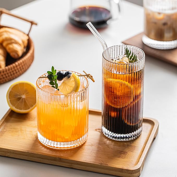 INSETLAN 12-Piece Ribbed Glassware - 6 Highball Glasses 12 oz, 6 Rocks Glass Cups 14 oz, Vintage Cocktail Drinking Glasses, Ideal for Wine, Juice, Water, Ice Coffee Cup, Whiskey, Mixed Drinkware