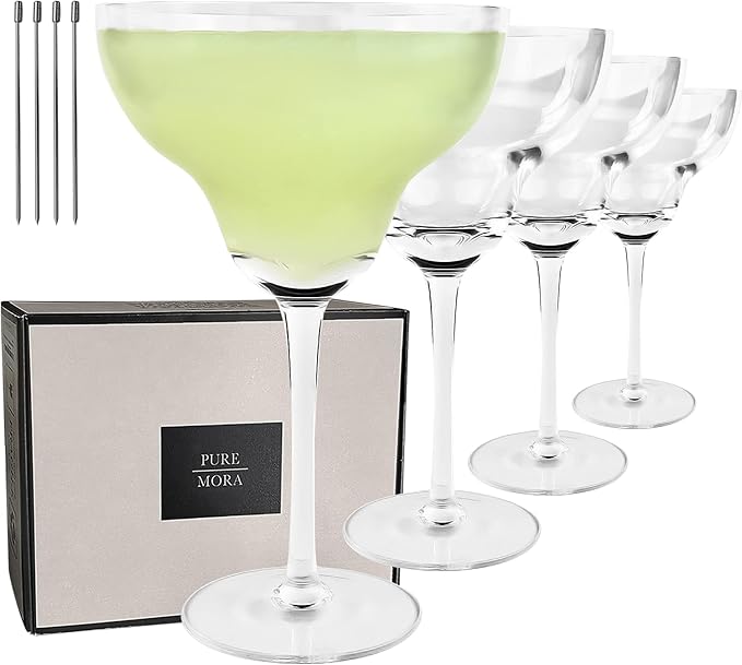 MORA PURE Margarita Glasses Set of 4, 12 oz Modern Bar Glass for Martini, Frozen Daiquiri, Tropical Summer Parties - Classic Coupe Cocktail Drinkware, Great Gift for Mixologists, Hand Blown Crystal