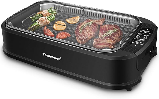 Indoor Grill, Techwood 1500W Smokeless Electric Grill with Tempered Glass Lid, Compact & Portable Non-Stick BBQ Grill with 6-Level Control, Dishwasher Safe, Black