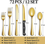 72 Pcs Gold Silverware Set with Steak Knives, Stainless Steel Flatware Cutlery Set Service for 12, Kitchen Tableware Set, Utensil Set for Home and Restaurant, Knives Forks Spoon Set, Dishwasher Safe