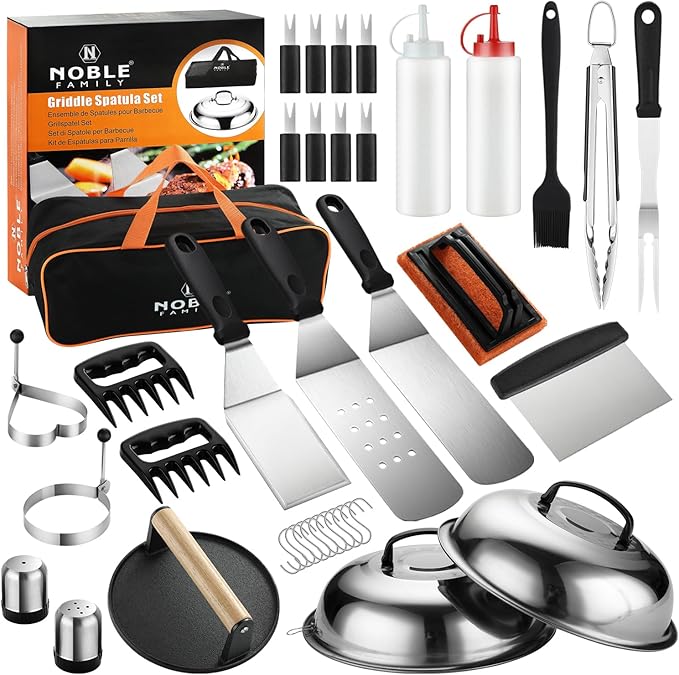 N NOBLE FAMILY 38PCS Griddle Accessories Kit, Professional Grill Tools Set for Outdoor Barbecue, Stainless Steel Griddle Spatula Set with Tongs, Smash Burger Press, Carry Bag, Perfect Grilling Gifts