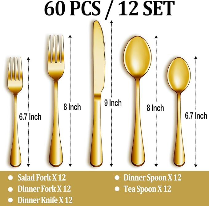 MUTNITT 60 Pcs Gold Silverware Set Service for 12, Premium Stainless Steel Flatware Set, Cutlery Utensil Set, Durable Home Kitchen Eating Tableware Set, Include Fork Knife Spoon Set, Dishwasher Safe