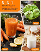 Cold Press Slow Juicer for Fruits & Vegetables Celery Carrot Ginger, Masticating Juicer Machine Soft Hard Mode, Reverse Function,250W Motor, Easy To Clean, Fresh Orange Juice Extractor