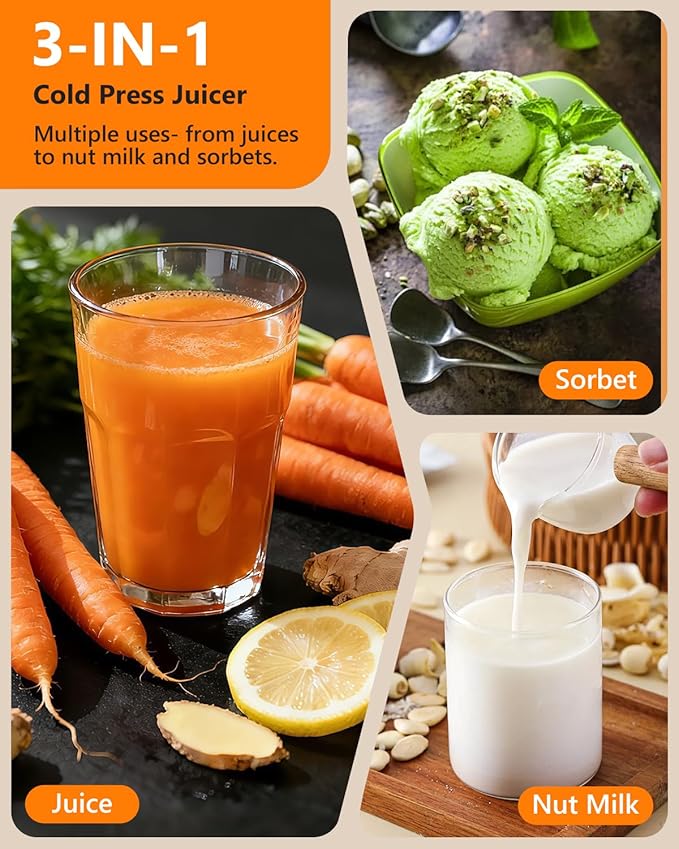 Cold Press Slow Juicer for Fruits & Vegetables Celery Carrot Ginger, Masticating Juicer Machine Soft Hard Mode, Reverse Function,250W Motor, Easy To Clean, Fresh Orange Juice Extractor