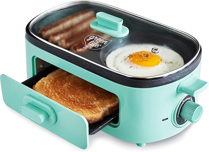 GreenLife 3-in-1 Breakfast Maker Station, Healthy Ceramic Nonstick Dual Griddles for Eggs Meat Sausage Bacon Pancakes and Breakfast Sandwiches, 2 Slice Toast Drawer, Easy-to-use Timer, Turquoise