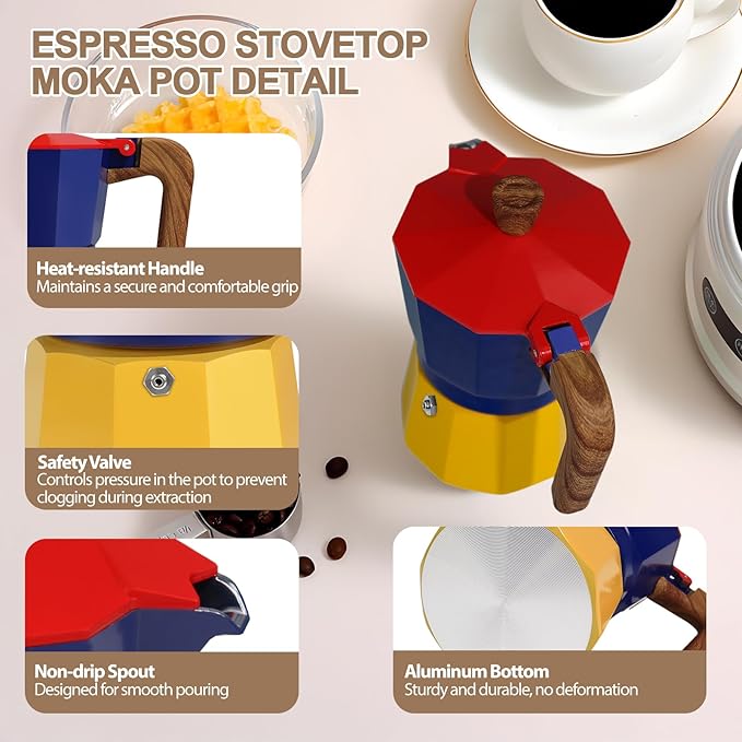 Aluminum 3 Cup 150ml Moka Pot Express Coffee Maker Stovetop Espresso Colorful Coffeemaker Italian Classic Style Brewing Greca Cafe Mocha Machine for Cafeteras Lover Camping Travel and Home Use 5oz