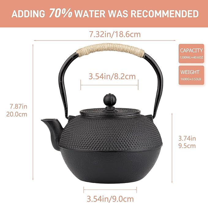 Small Tea Kettle, 40oz Tea Pot, Japanese Tetsubin, Cast Iron Teapot with Infuser for Stovetop Safe Coated with Enameled Interior (Black, 1200ml)