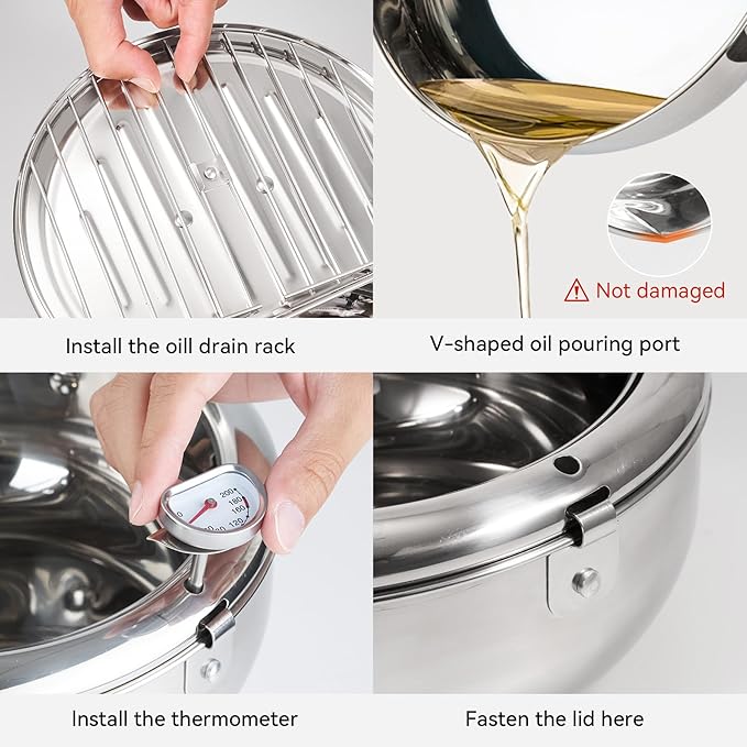 Kerilyn Deep Fryer Pot, 11 Inch/4.2 L Janpanese Style Tempura Frying Pot with Lid, 304 Stainless Steel with Temperature Control and Oil Drip Drainer Rack, for Kitchen French Fries, Chicken etc