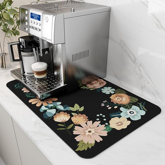 AMOAMI Coffee Mat Hide Stain Rubber Backed Absorbent Dish Drying Mat for Kitchen Counter - Bar Accessories Fit Under Coffee Maker, Espresso Machine, Dish Rack - Floral Black 12x19