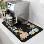 AMOAMI Coffee Mat Hide Stain Rubber Backed Absorbent Dish Drying Mat for Kitchen Counter - Bar Accessories Fit Under Coffee Maker, Espresso Machine, Dish Rack - Floral Black 12x19
