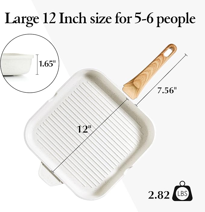 SENSARTE Nonstick Ceramic Grill Pan for Stove Tops, Square Grilling Pan with Pour Spouts, Non Toxic Durable Grill Skillet for All Stoves(Gas,Electric,Induction) PTFE,PFAS,PFOA Free, 12Inch (White)