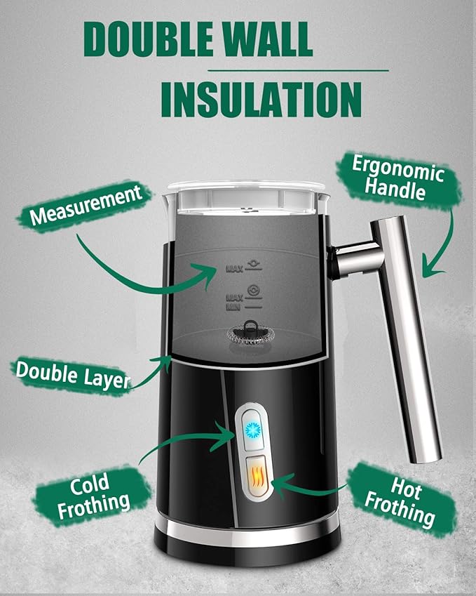 Huogary Milk Frother, Milk Steamer for Milk Foam & Hot Milk(4.5oz/10.5oz), Electric Milk Frother and Warmer for Homemade Coffee, 120V (Black)