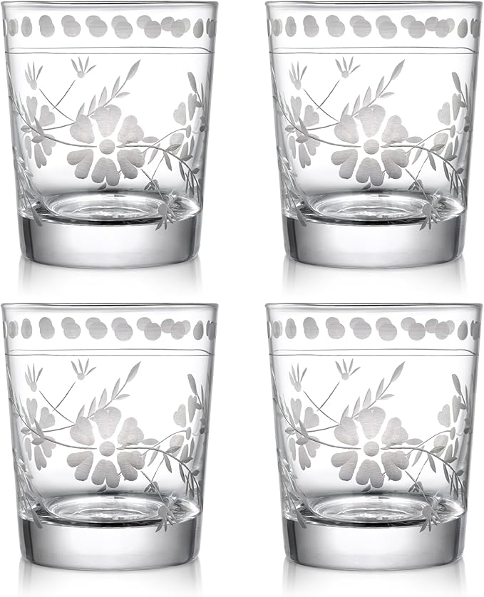 Joeyan Hand Blown Etched Drinking Glasses,Clear Water Glass Cups with Floral Pattern,Aesthetic Tumblers Glassware Set for Beverages Juice Cocktail Whiskey,9 oz,Set of 4,Dishwasher Safe