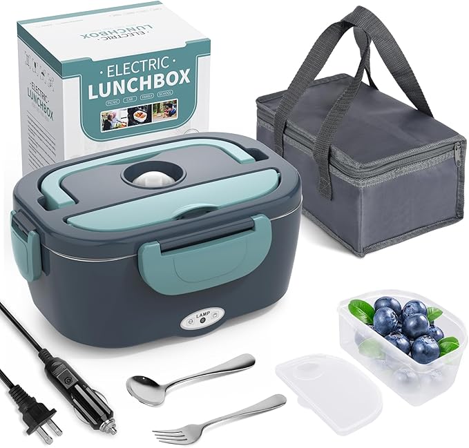 Herrfilk Electric Lunch Box Food Heater, 3 in 1 Ultra Quick Heated Lunch Boxes for Adults, 12V/24V/110V Portable Food Warmer for Car/Truck/Office With Fork Spoon and Insulated Carry Bag