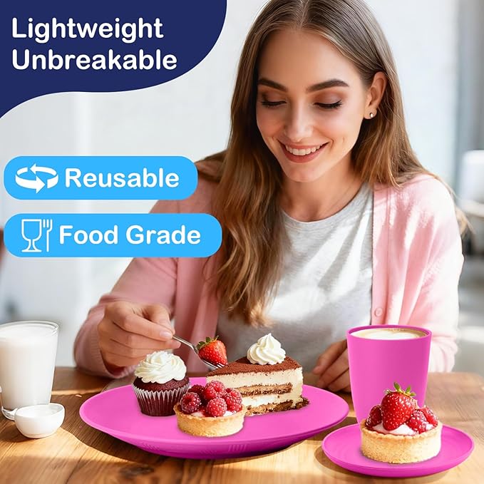 Wheat Straw Dinnerware Set 40 PCS | Service for 8 | Unbreakable Plates and Bowls Sets Plastic Reusable Dishes Sets Dinner Plates, Cereal Bowls, Water Cups Kitchen Set for Home RV- Pink