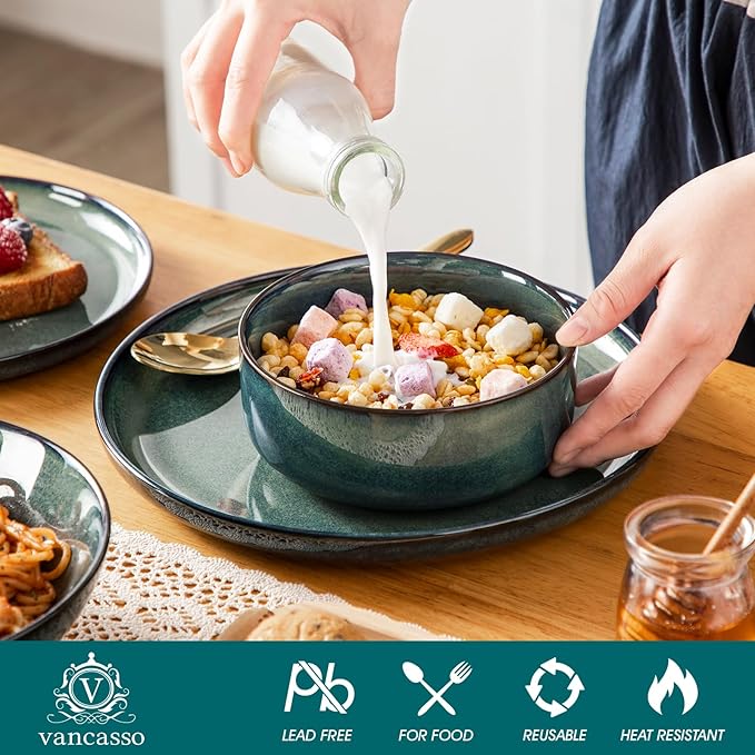 vancasso Starry Plates and Bowls Sets for 6, 24 Pieces Dinnerware Sets, Green Reactive Glaze Dishes Sets for Kitchen, Scratch Resistant Stoneware Dishes Set, Dishwasher and Microwave Safe