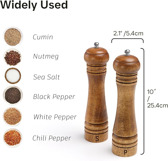 Wooden Salt and Pepper Grinder Set, Premium Oak Wood Salt Grinders Shakers, Pepper Mill with S and P Engraving, Adjustable Ceramic Grinder – 10 inches, 2 Pack