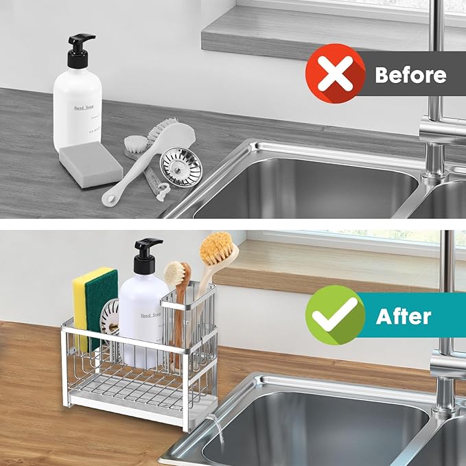 Sinnsally Kitchen Sponge Holder,2 Tier Sink Caddy Organizer with High Brush Holder,Stainless Steel Sink Box Dish Scrubber Holder,Soap Tray for Kitchen Counter Accessories & Storage Rack (Silver)