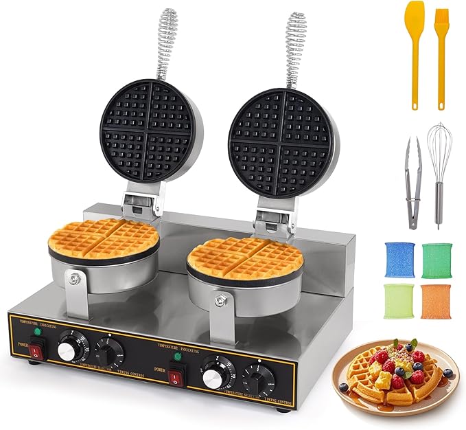 Dyna-Living Waffle Maker 2400W Double Waffle Iron Maker Restaurant Non-stick Round Waffle Machine Commercial Waffle Maker Large Waffle Machine for Hotel, Thicken Stainless Steel