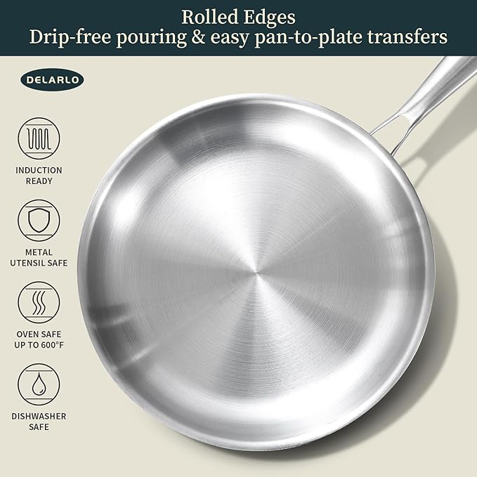 DELARLO Whole Body Tri-Ply Stainless Steel Frying Pan set, 8”/10”/12” Cooking pans, Kitchen Cookware Set, Fast Heating Chef's pan with Ergonomic Handles, Suitable for All Stove