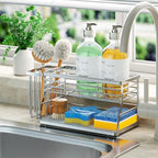 SWTYMIKI Kitchen Sink Caddy Organizer, 2 Tier Sponge Holder for Kitchen Sink with Instant Drying Stone, Removable Brush Holder for Fast Drying on Countertop, Silver