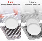 MERRYBOX Roll Up Over The Sink Dish Drying Rack Silicone Wrapped Foldable, Heat-Resistant, Anti-Slip Sink Rack Multipurpose Dish Drainer for Kitchen Sink Counter - White, 17.5" x 11"