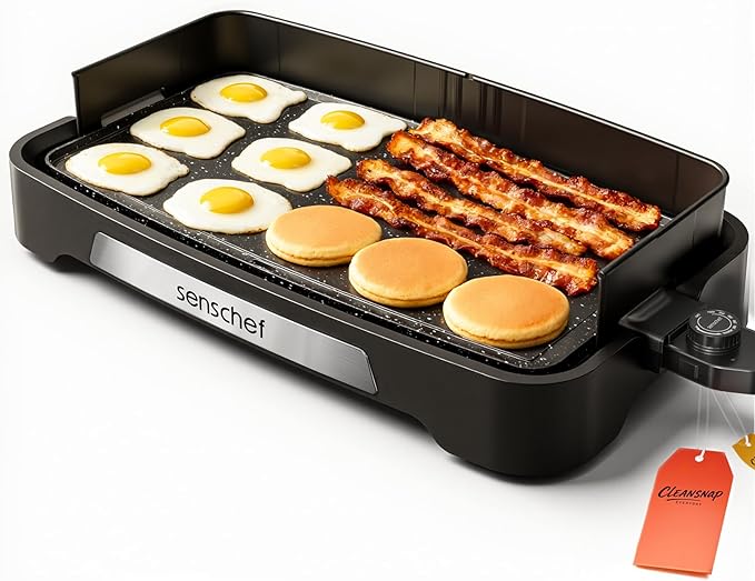 Cleansnap Everyday Electric Griddle, 20” Nonstick Grill with Foldable Anti-Mess Shield, 1700W Fast Heating, ILAG Ultimate Coating, Dishwasher-Safe Removable Plate, Midnight Black
