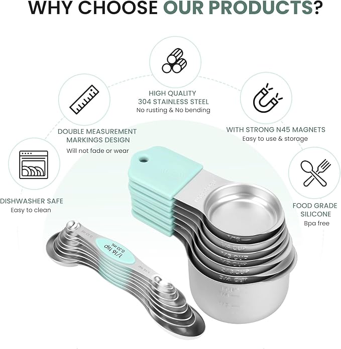 Magnetic Measuring Cups and Spoons Set-Heavy Duty 304 Stainless Steel，Double Measurement Markings，Set of 16 with Leveler for Measure Dry and Liquid Ingredients (Mint)