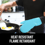 BPA-Free Soft Silicone Oven Mitts - Ultra Heat Resistant Oven Mitts with Thick Cotton Liner - Extra Long Slip Resistant Pot Holders, Flexible Oven Gloves - Aqua/Black 14.7"