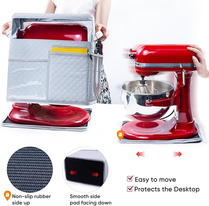 BAGSPRITE Stand Mixer Cover with Detachable Appliance Sliders Base Compatible with KitchenAid Mixer-Storage Bag for 4.5/5 Quart with Pockets for Kitchen Aid Accessories and Attachments