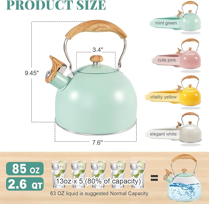 GGC Tea Kettle for Stove Top, 85OZ/2.6QT Whistling Tea Kettles for Boiling Water Milik or Coffee, Green Stainless Steel Tea Pots with Wood Pattern Folding Handle, Thumb Design Control Kettle Outlet