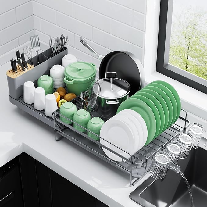 Kitsure Extendable Dish Drying Rack, Large Drying Dish Rack with Cutlery & Cup Holders, Multifunctional Dish Racks for Counter with Drainage, 18.2"-25.7" L x 12.9" W, Grey