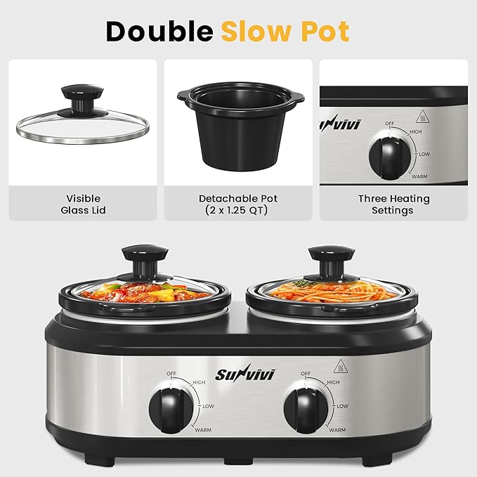 Sunvivi Dual Slow Cooker, Buffet Server and Food Warmer, Small Mini Pot with 3 Adjustable Temp & 2 Visible Glass Lids, for Parties, Holidays and Entertaining, Stainless Steel, 2 * 1.25 Quarts