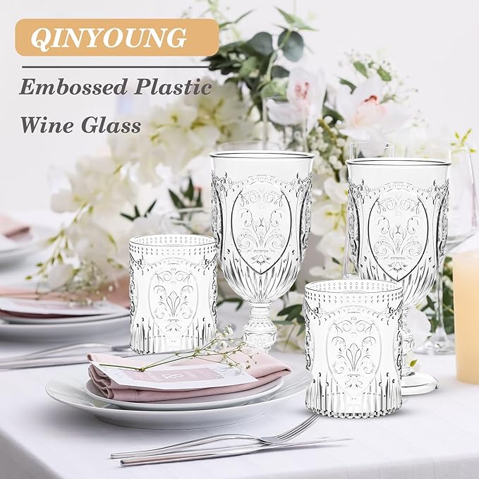 Qinyoung 100 Plastic Vintage Drinking Glasses 8.5oz Stemless Retro Embossed Wine Glasses Shatterproof Reusable Cups for Baby Shower Wedding Reception Grand Event Party (Clear)