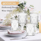 Qinyoung 24 Plastic Vintage Drinking Glasses 8.5oz Stemless Retro Embossed Wine Glasses Shatterproof Reusable Cups for Baby Shower Wedding Reception Grand Event Party (Clear)