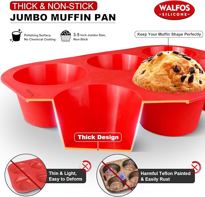 Walfos Silicone Texas Muffin Pan - 6 Cup Jumbo Silicone Cupcake Pan, Non-Stick, Just PoP Out! Perfect for Egg Muffin, Big Cupcake - BPA Free and Dishwasher Safe