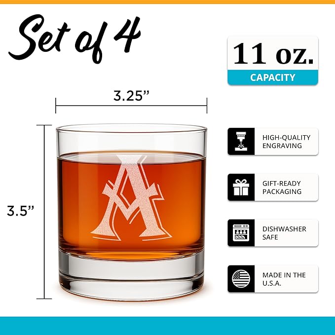 On The Rox Drinks 4 Piece Glass Set Engraved with A-Monogram, 11-Ounce