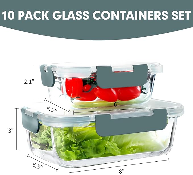 VERONES 10 Pack Glass Meal Prep Containers, Airtight Glass Lunch Containers, Stackable Glass Food Storage Containers Set with Lids,Exclusive of BPA,for Microwave, Oven, Freezer & Dishwasher,Grey