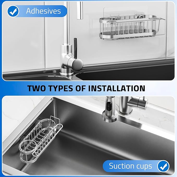 Cisily Grey Kitchen Sink Caddy Sponge Holder in the Sink, Stainless Steel Kitchen Organizer, Brush Holder, Dish Cloth Hanger 2 Installation Ways (Suction & Adhesives
