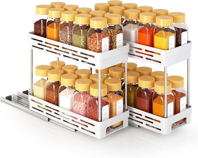 Pull Out Spice Rack Organizer for Cabinet, 2 Pack Slide Out Spice Racks Organizer, Spice Cabinet Organizers, Cabinet Size Need:12'' Highx11'' Deepx5'' Wide,Hold 10 Spice Jar Each Tier-2Tier, White