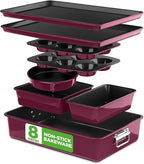 NutriChef 8-Piece Nonstick Stackable Bakeware Set - PFOA, PFOS, PTFE Free Baking Pan Set w/Non-Stick Coating, 450°F Oven Safe, Round Cake, Loaf, Muffin, Wide/Square Pans, Cookie Sheet (Plum)