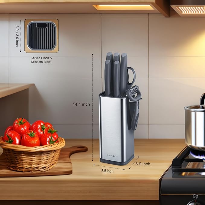 RAXCO 10-Piece Kitchen Knife Set | Stainless Steel Holder | Compact Design - Gray